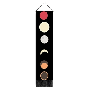 Vertical moon phase wall tapestry with black fabric and tassels for modern home decor