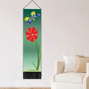 Vertical floral tapestry with butterfly and green gradient design with black tassels