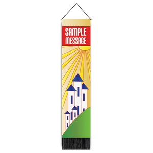Vertical wall hanging tapestry with sun, castle landscape, and black tassels at bottom