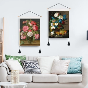Ensemble de tapisseries florales de style peinture à l'huile avec perches en bois et glands