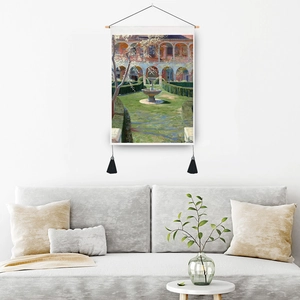 Tenture murale peinture à l'huile jardin classique avec barre bois et glands décoratifs