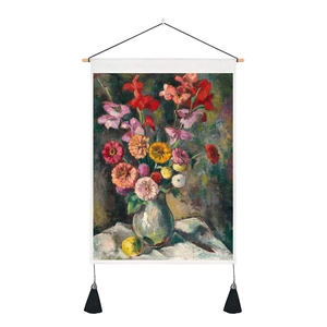 Tapisserie murale fleurs style Van Gogh avec tige en bois et pompons noirs décoratifs