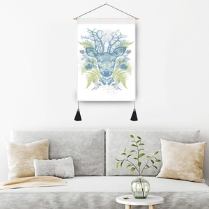 Nordic style cotton linen wall tapestry featuring deer head illustration with tassels