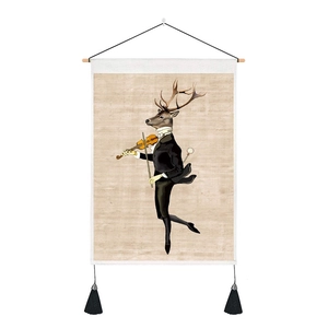 Nordic anthropomorphic deer playing violin wall tapestry with black tassels on white backdrop