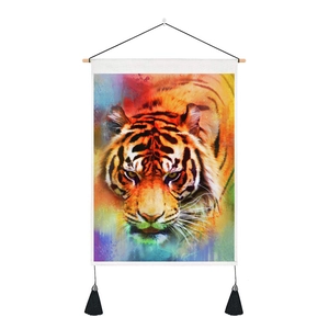 Detailed texture of artistic tiger print wall tapestry with wooden rod and black tassels