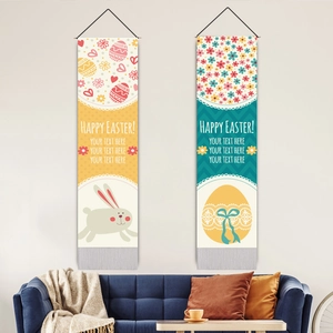 Frohe Ostern Wandbehang Banner Wandteppich Cartoon Hase Huhn Muster Baumwolle Leinen Dekorative Vertikale Flagge Mit Holzstab Quaste
