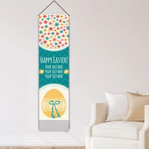 Vertikales Happy Easter Wandbanner mit Blumenmustern, Ostereiern und grauen Quasten
