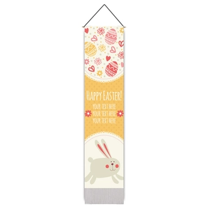 Detail eines Oster-Wandbanners mit „Happy Easter“-Text, Hasenmotiv und grauen Quasten