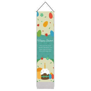 Vertical cotton linen Happy Easter banner with colorful eggs and rabbit party motifs