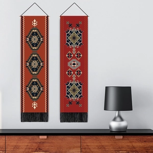 Red geometric bohemian wall tapestries with tassels for ethnic home wall decoration