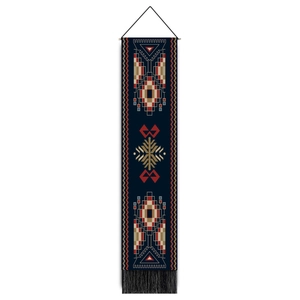 Bohemian geometric wall tapestry with tribal patterns, dark blue fabric and black tassels