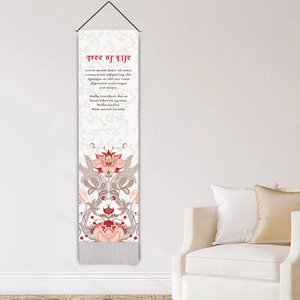 Vertical Tree of Life tapestry with red lotus floral patterns and grey fringe on wall
