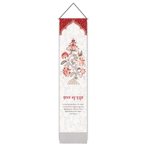 Vertical Tree of Life tapestry with floral patterns, wooden rod, and tassels for wall decor