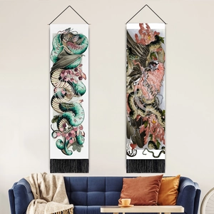 Japanese Style Snake Eagle Wall Hanging Tapestry Long Canvas Vertical With Wooden Rod Tassel Abstract Animal Mural