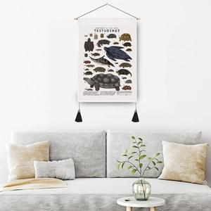 Vintage Testudines scientific illustration wall tapestry with wood frame and tassels
