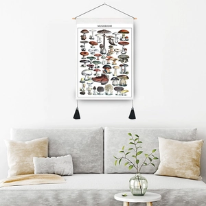 Tapisserie murale vintage de champignons avec cadre en bois et glands pour décoration