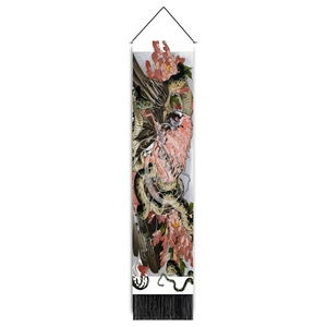 Vertical wall scroll with Japanese tattoo style art featuring snake, hawk and flowers