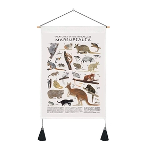 Detailed educational wall hanging scroll featuring 31 species of hand-drawn marsupial animals