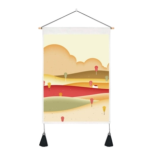 Modern American landscape tapestry with mountain print, wooden rod, and black tassels