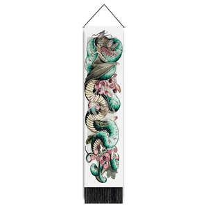 Vertical wall scroll tapestry featuring bat and snake illustration with black tassels