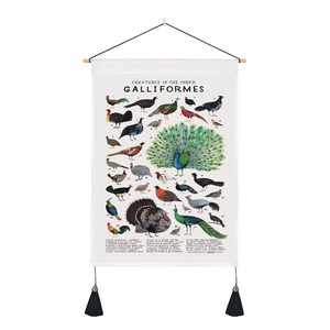 Detail of vintage canvas bird poster with wooden hanger and black tassels