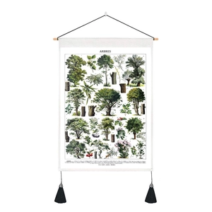 Détail d'affiche botanique vintage d'arbres avec rouleau en bois et glands noirs