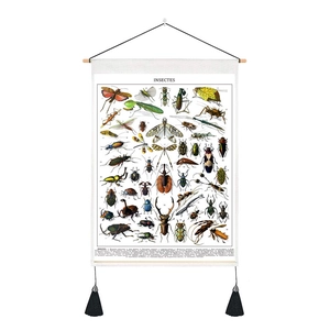 Détail de la tapisserie vintage d'insectes avec tige en bois et pompons noirs élégants