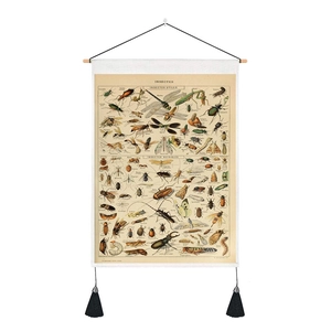 Détail de l'affiche vintage insectes avec illustrations et glands décoratifs noirs
