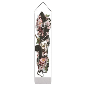 Wandbild im japanischen Stil mit schwarzer Schlange, Hannya-Maske und rosa Blumen auf Stoff