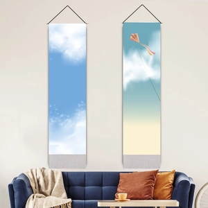 Nordic Style Cloud Sky Kite Pattern Vertical Wall Hanging Painting Poly-Cotton Decorative Tapestry With Wooden Scroll Tassels