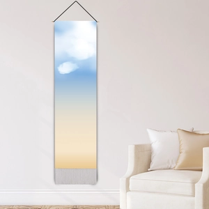 Vertical cloud print wall tapestry with silver grey tassels and natural sky gradient color