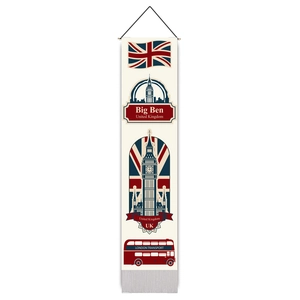 Detailed close-up of vertical tapestry with UK flag, Big Ben and London bus print