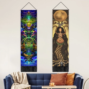 Mystical Mythological Abstract Long Tapestry Wall Hanging Cotton Linen Decorative Scroll With Tassels And Hanging Pole Boho