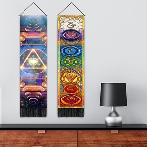Vintage mystical wall hanging set with lunar phases and chakra motifs and black tassels