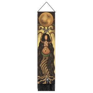 Vertical vintage tapestry with Earth Goddess, moon and owl motifs with black tassels