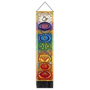 Detailed vertical chakra tapestry with seven colored symbols, wooden rod and black tassels