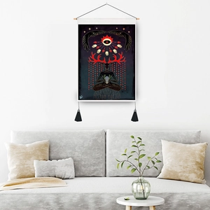 Mystical deer spirit wall tapestry with wooden frame and black tassels for living room decor