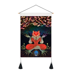 Psychic fox meditation tapestry with wooden rod and black tassels on white wall