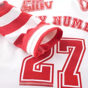 White children's long-sleeve T-shirt with red number 27 print and striped cuffs