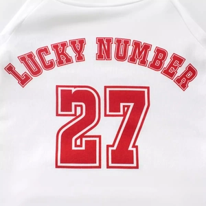 White cotton long-sleeve kids T-shirt with red Lucky Number 27 print for boys and girls