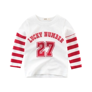 Kids long sleeve T-shirt with white body and red striped sleeves Lucky Number 27 print
