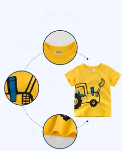 Détails du t-shirt jaune pour enfant avec imprimé tracteur et col rond en maille