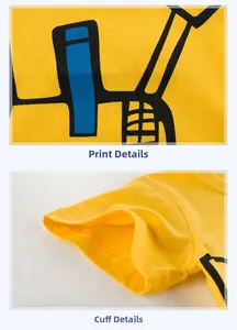 Détails du motif géométrique et coutures soignées sur un t-shirt jaune en coton enfant