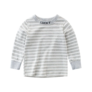 Kids long sleeve gray striped cotton t-shirt featuring Lucky print on the neckline