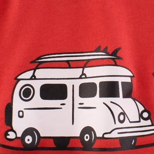Kids red cotton short sleeve T-shirt featuring a retro white surf van cartoon print