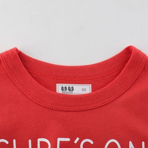 Kids red round neck cotton T-shirt featuring rib-knit collar and white letter print