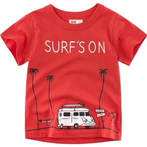 Red cotton short sleeve T-shirt for boys with SURF'S ON print and beach illustration