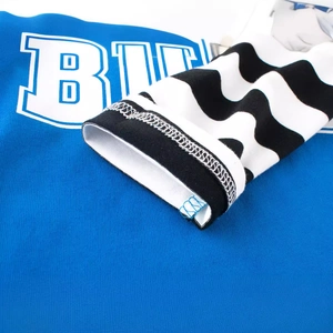 Blue kids sweatshirt with letter B print and black white striped ribbed cuffs