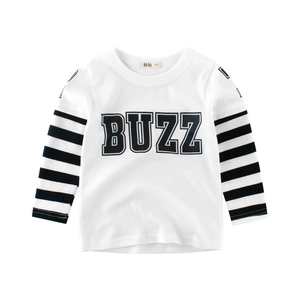 Kids long sleeve T-shirt with BUZZ print and black and white striped sleeves