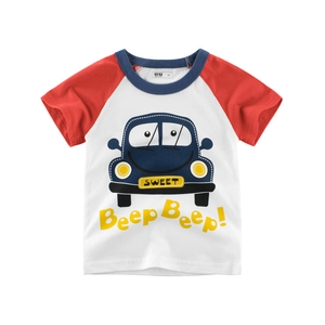 Maglietta a Maniche Corte in Cotone per Bambini Stampa Auto Cartone Raglan Colore a Contrasto Estate Casual Top Girocollo